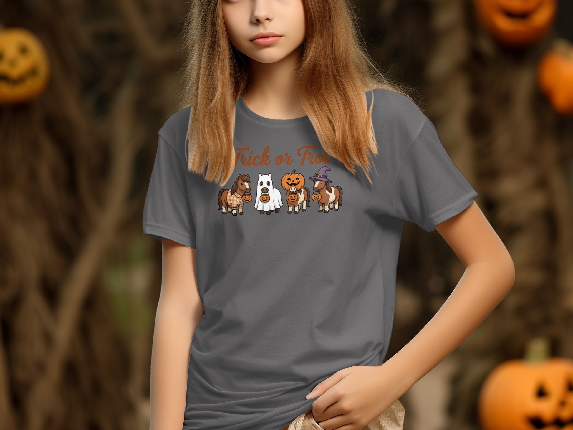 Grey t-shirt with horses in Halloween costumes and "Trick or Treat" text