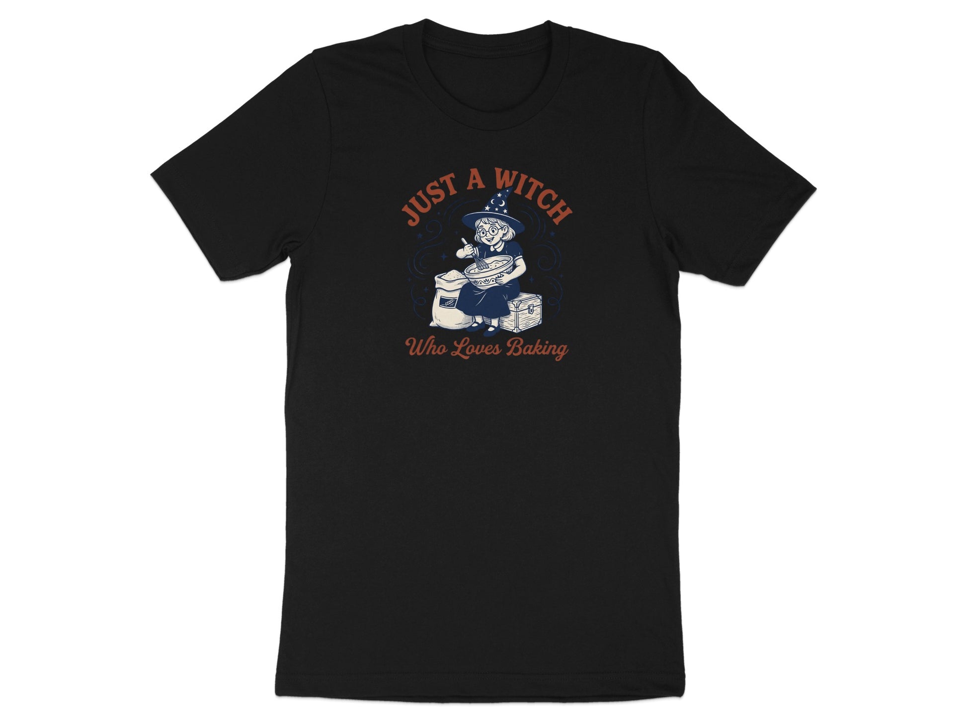 T-shirt with witch character and text "Just a Witch Who Loves Baking."
