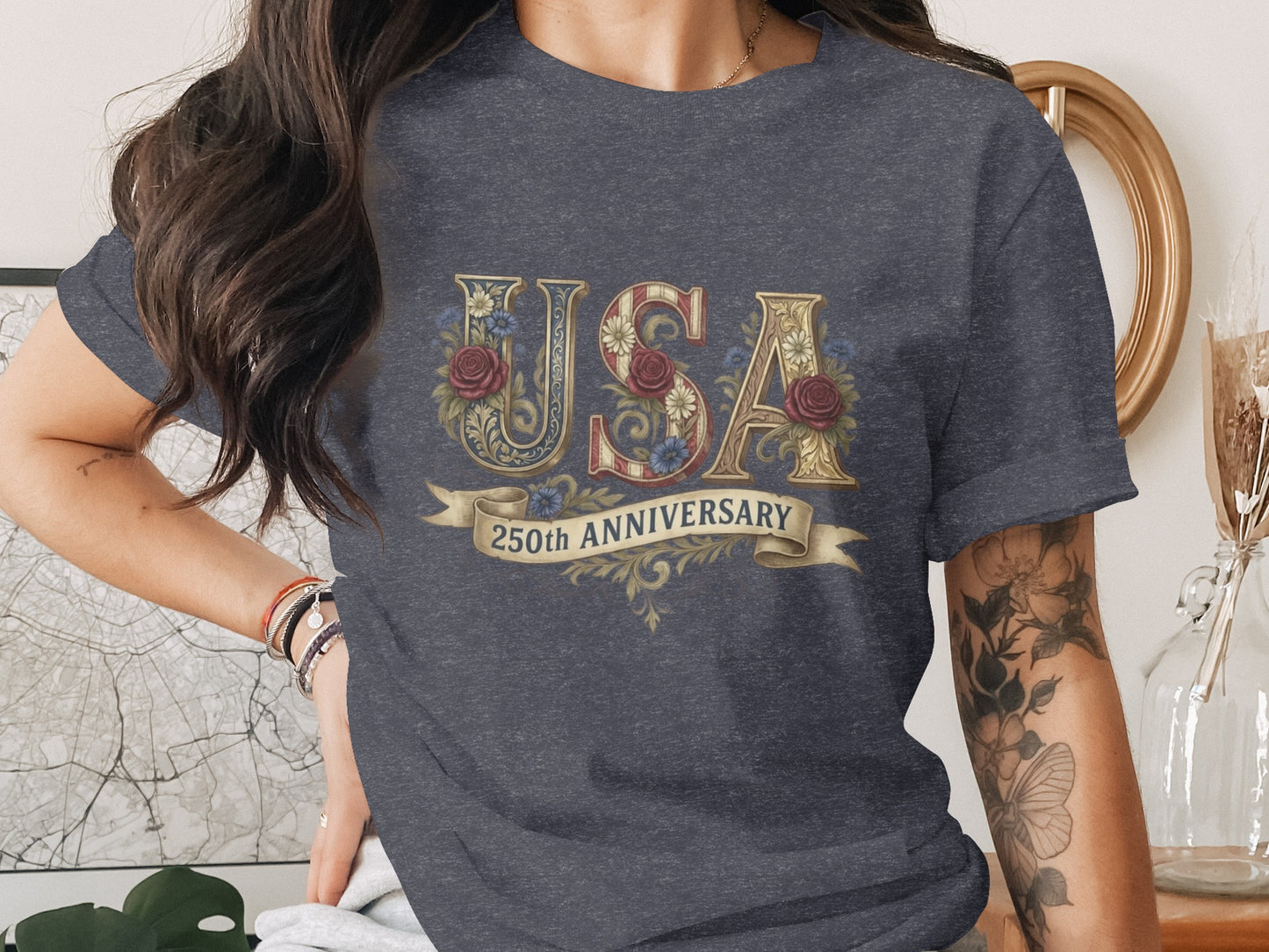 Dark t-shirt with "USA 250th Anniversary" text and floral accents.