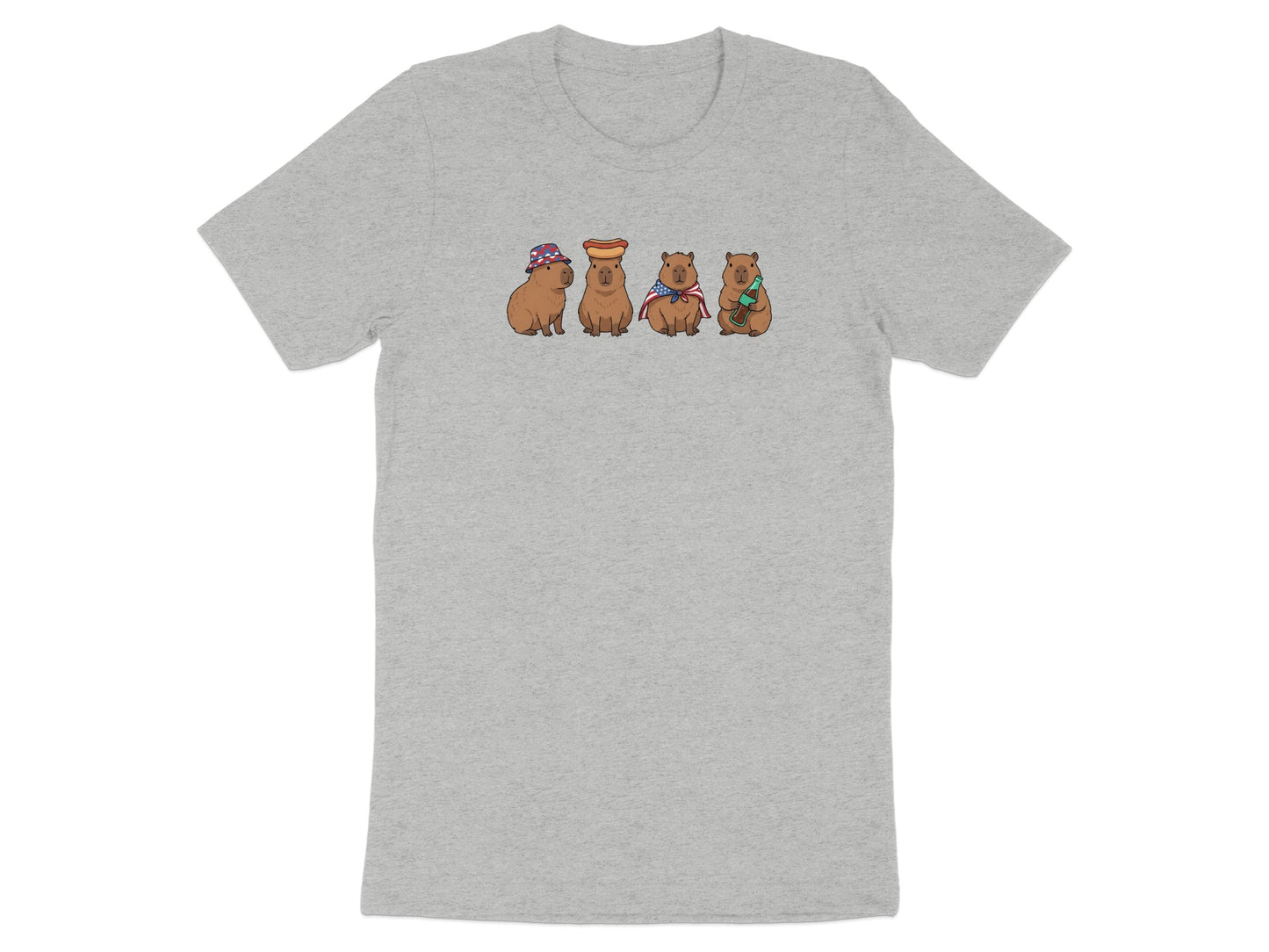 Four capybaras in patriotic hats and capes stand in a line.