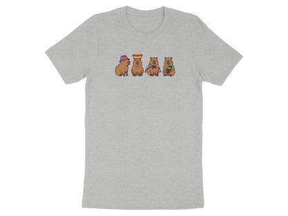 Four capybaras in patriotic hats and capes stand in a line.