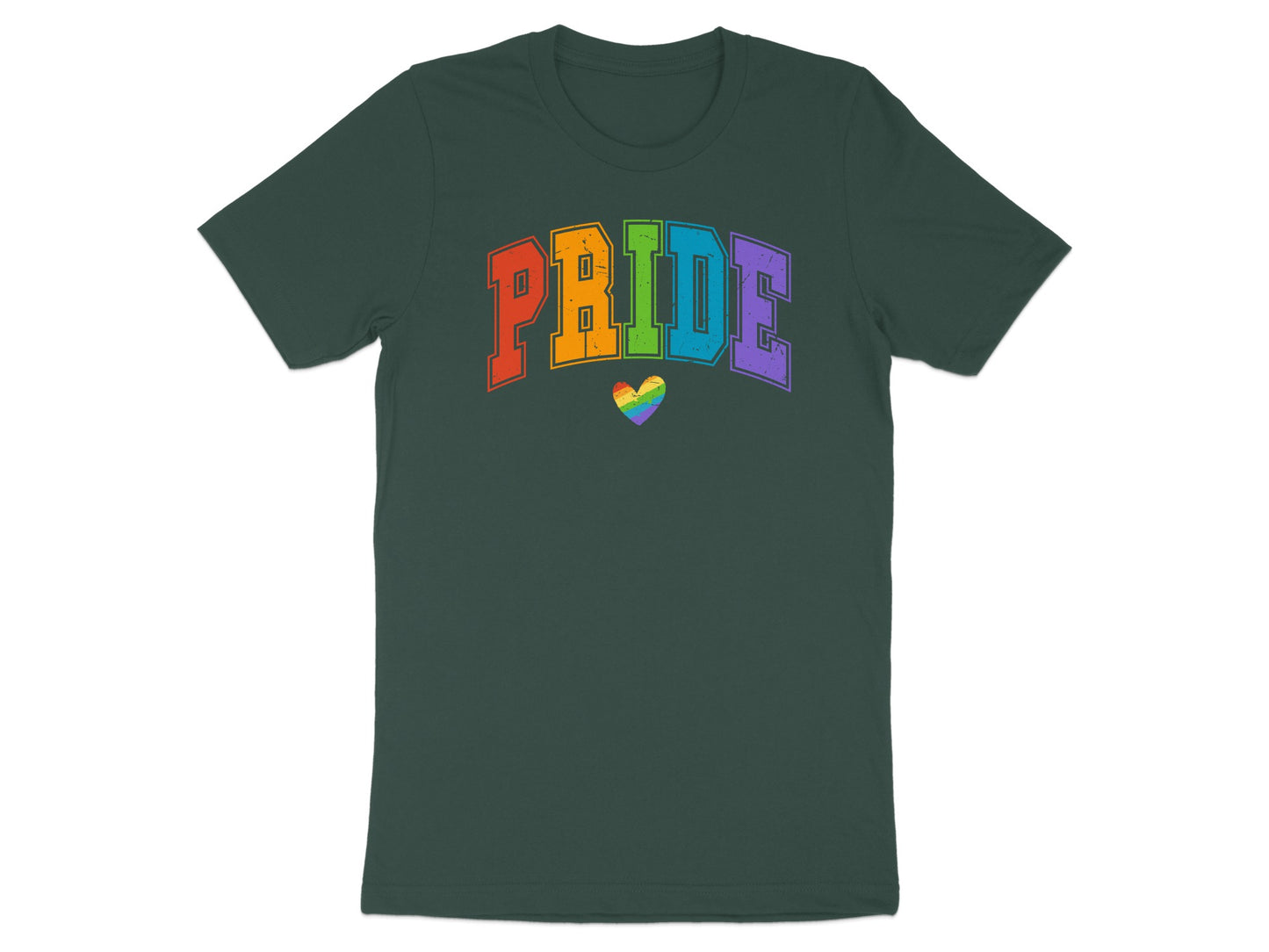Dark green t-shirt with "PRIDE" in rainbow colors and a rainbow heart.