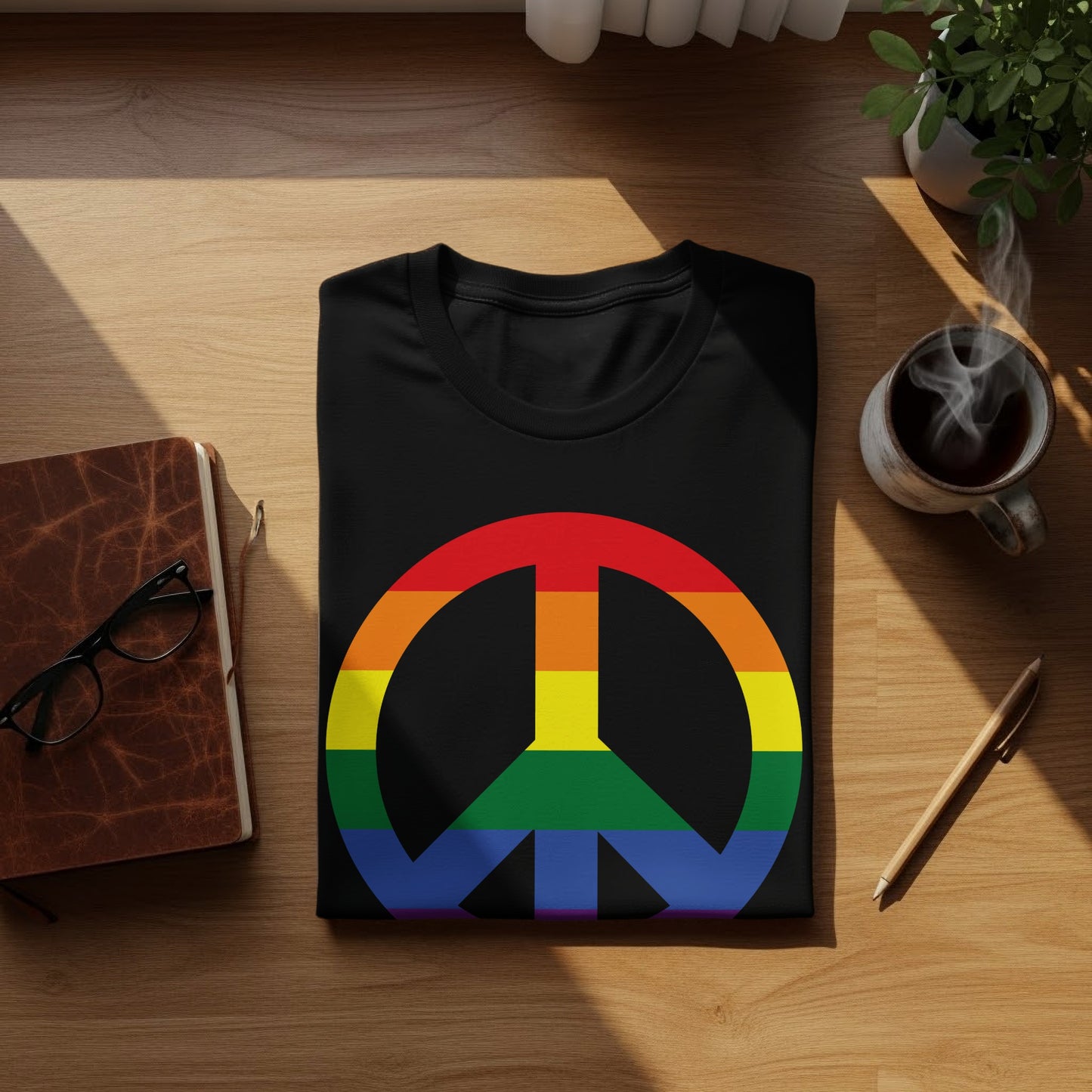 Black t-shirt with a rainbow peace symbol design.