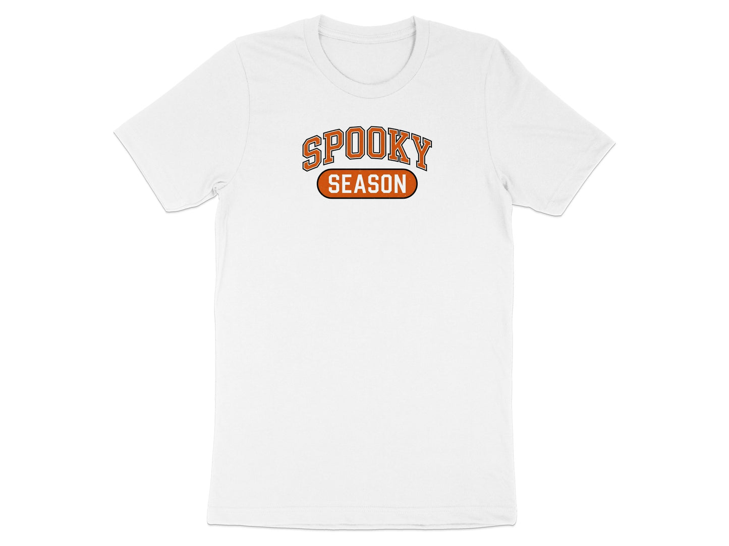White t-shirt with orange and black "SPOOKY SEASON" text graphic.