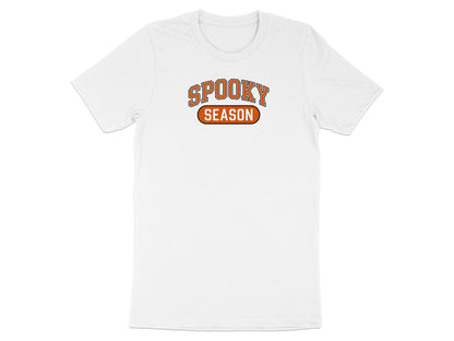 White t-shirt with orange and black "SPOOKY SEASON" text graphic.