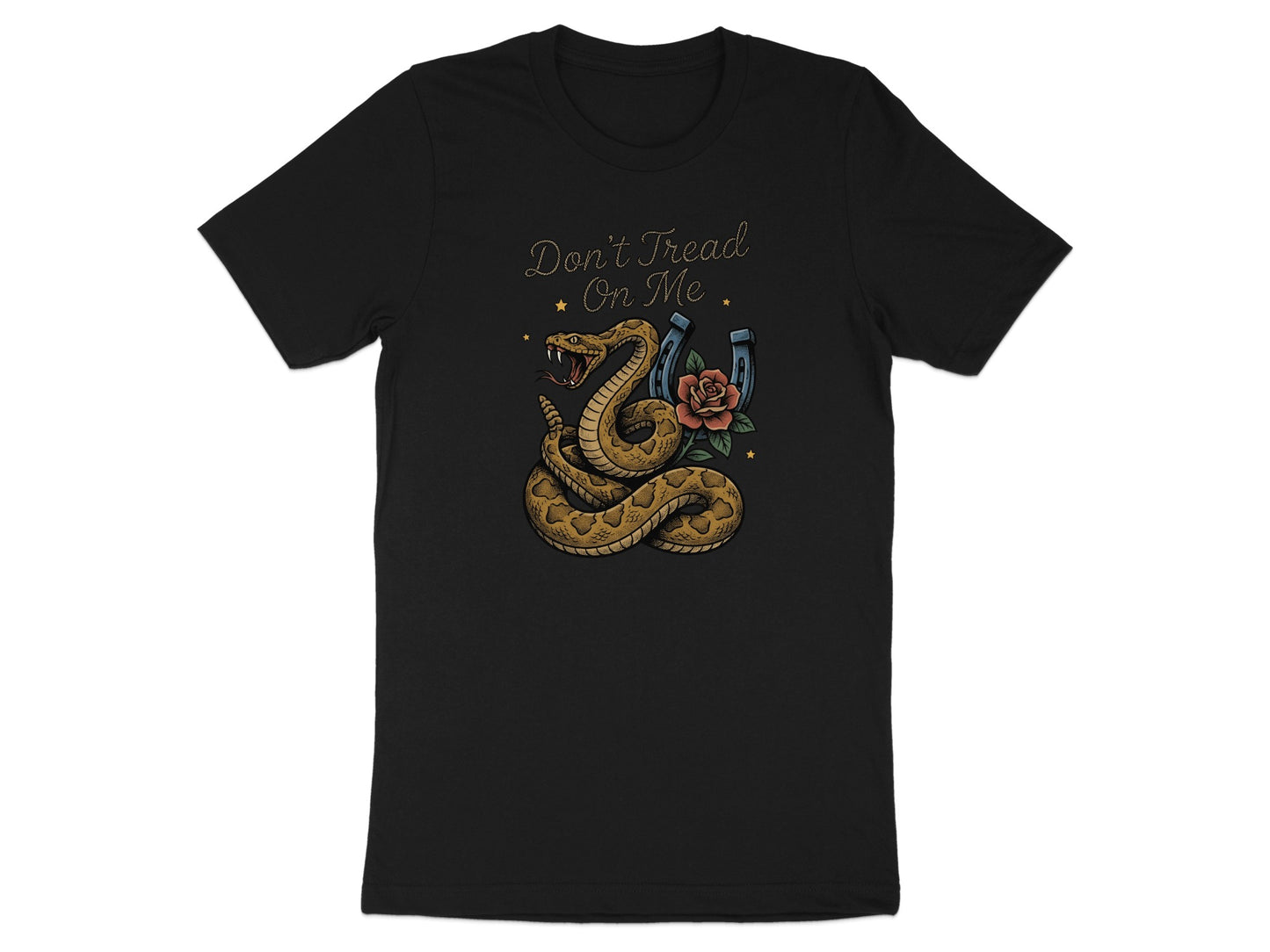 Black t-shirt with coiled rattlesnake, rose, horseshoe, and "Don't Tread On Me" text.
