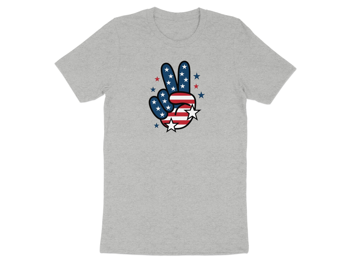 Grey t-shirt with a peace sign in American flag colors and stars.
