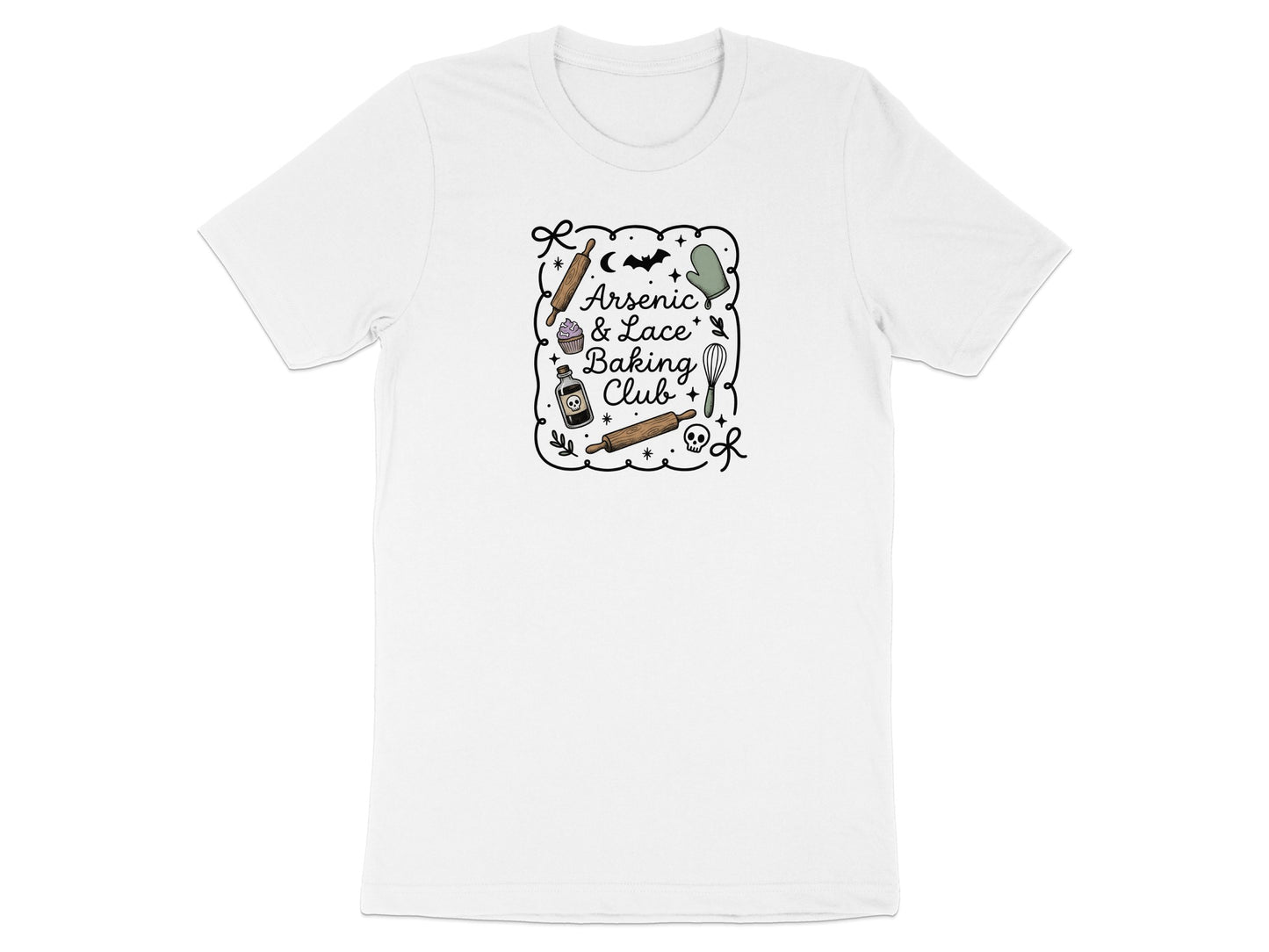 White t-shirt with "Arsenic & Lace Baking Club" text and baking motifs.