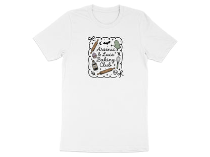 White t-shirt with "Arsenic & Lace Baking Club" text and baking motifs.