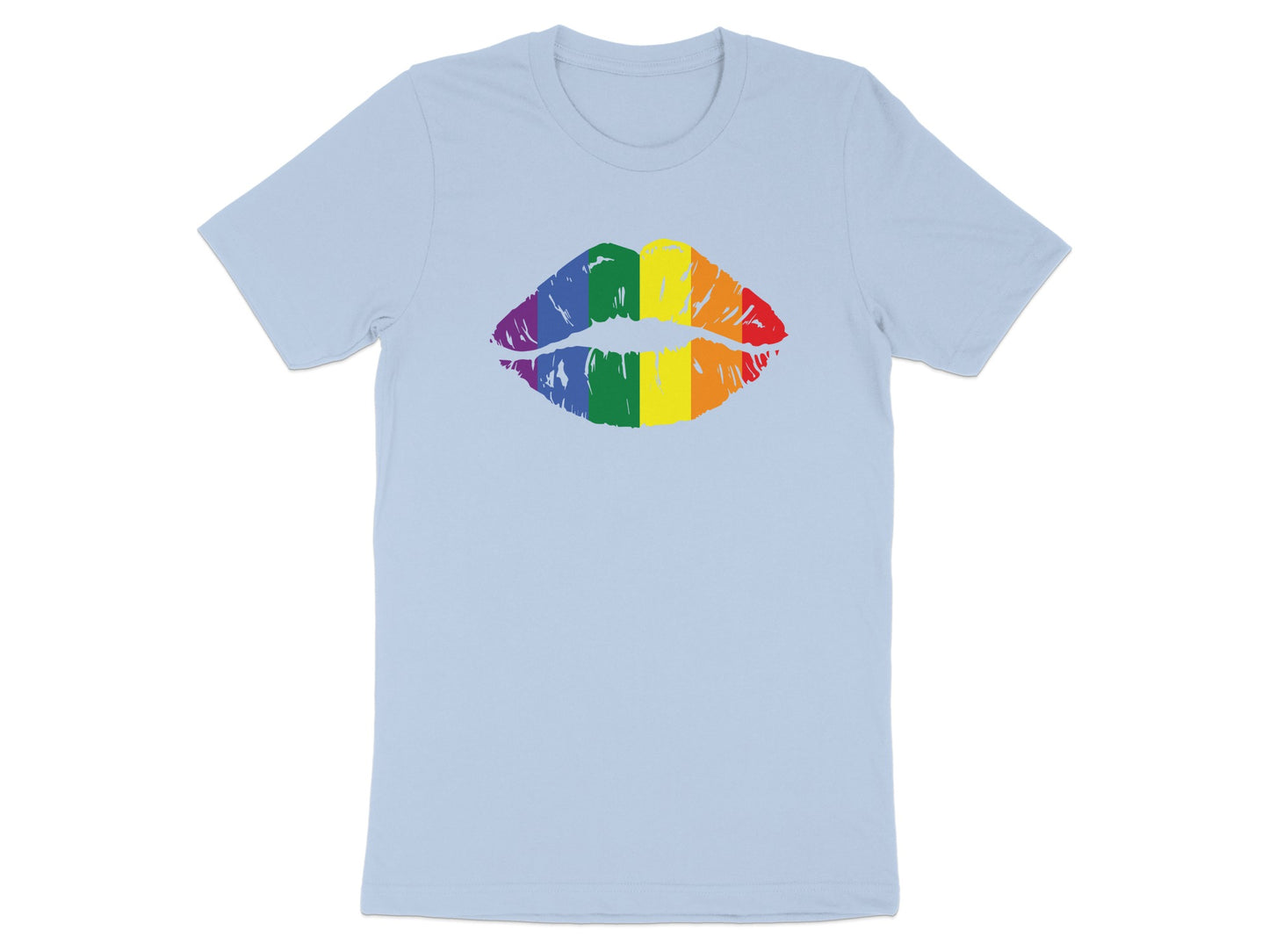 Light blue t-shirt with a rainbow-colored lipstick kiss print.
