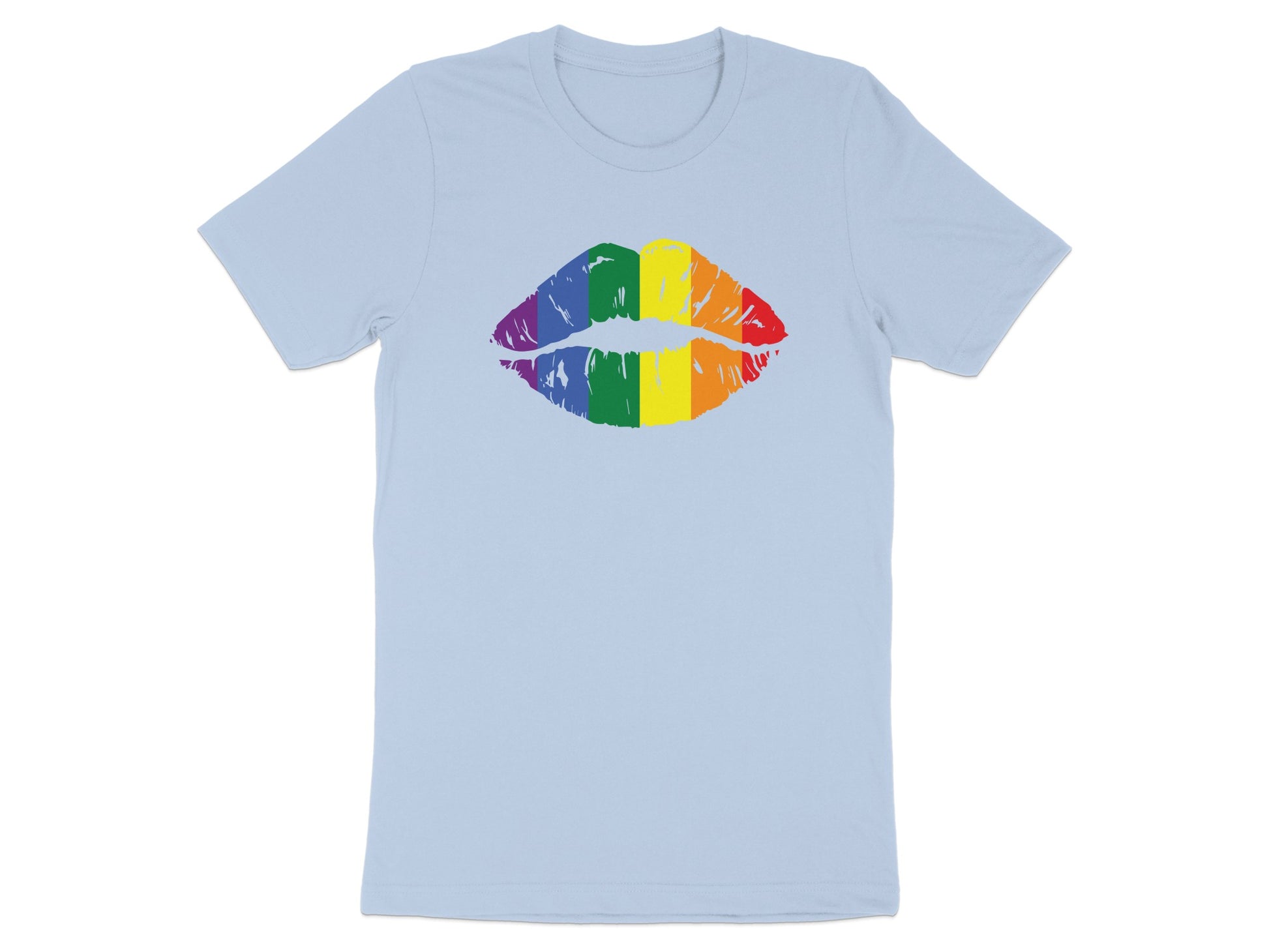 Light blue t-shirt with a rainbow-colored lipstick kiss print.