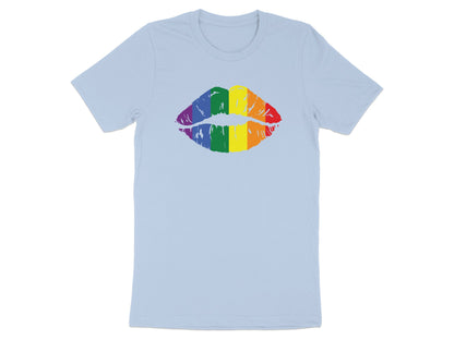 Light blue t-shirt with a rainbow-colored lipstick kiss print.