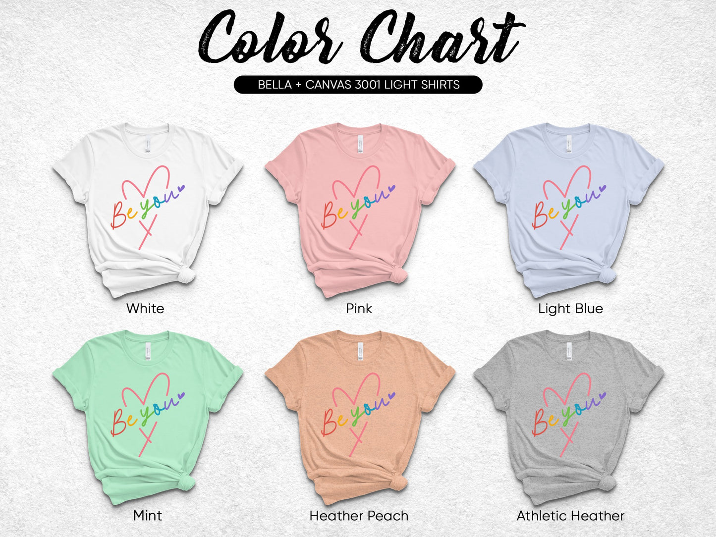 Bella + Canvas 3001 light shirts in six colors: white, pink, light blue, mint, heather peach, and athletic heather.