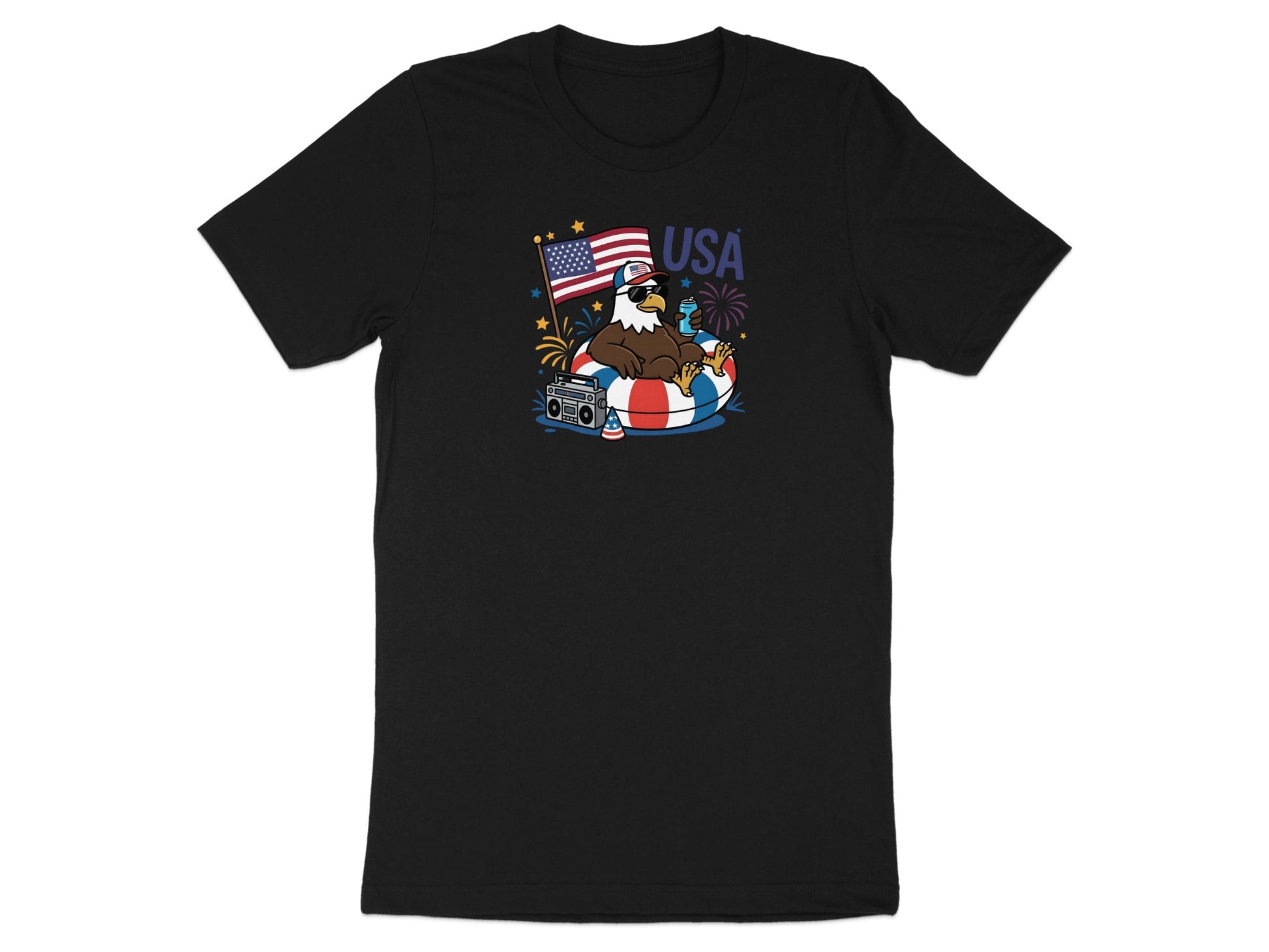 Cartoon eagle in inner tube with American flag and boombox, "USA" text.
