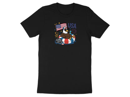 Cartoon eagle in inner tube with American flag and boombox, "USA" text.