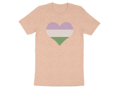 Pink t-shirt with a horizontal striped heart in purple and green.