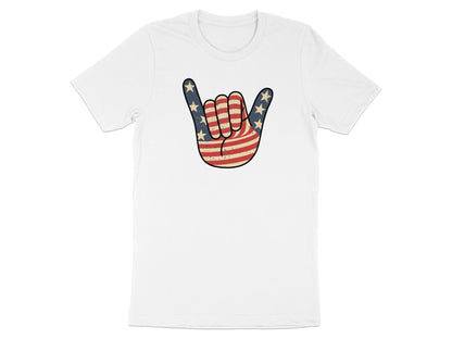 White t-shirt with a shaka hand sign featuring the American flag design.
