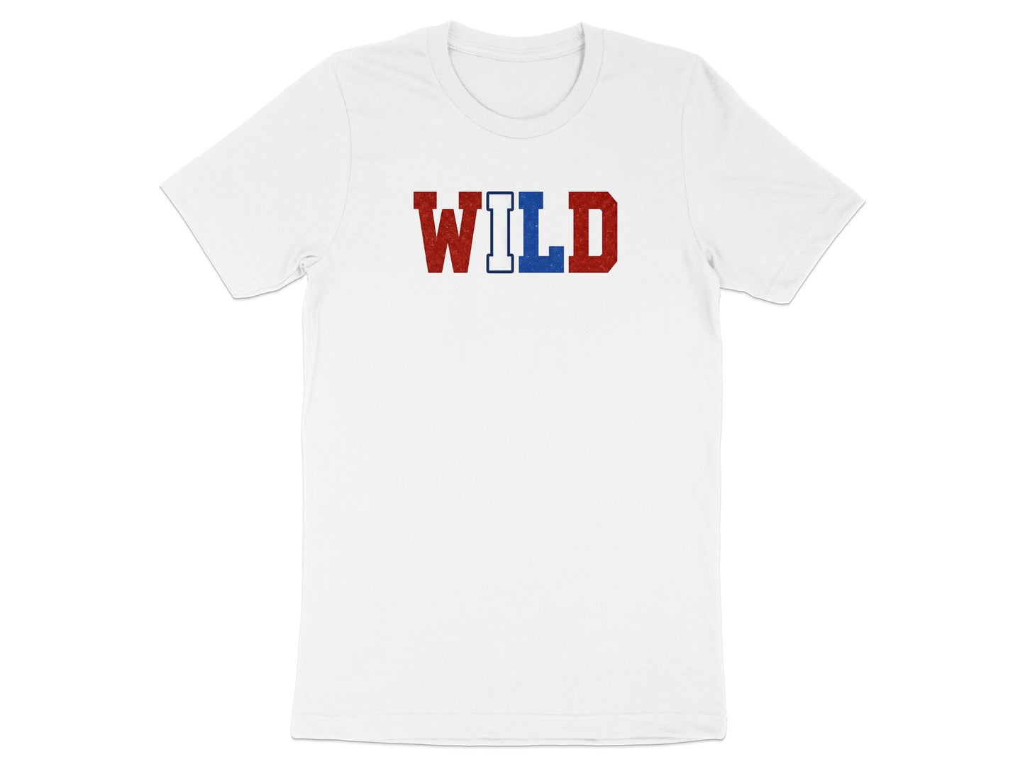 White t-shirt with "WILD" in red and blue block letters.