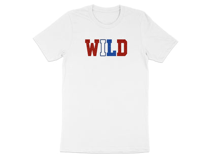 White t-shirt with "WILD" in red and blue block letters.