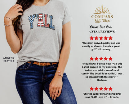 Grey t-shirt with "Y'ALL" in patriotic font, customer reviews.