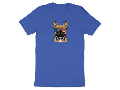 French bulldog wearing sunglasses and a bow tie with American flag print.