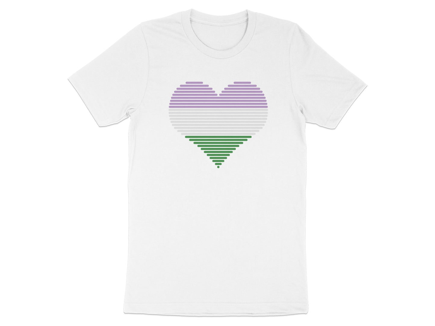 White t-shirt with a horizontal striped heart in purple and green.