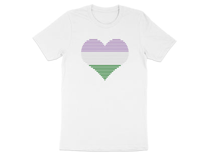 White t-shirt with a horizontal striped heart in purple and green.