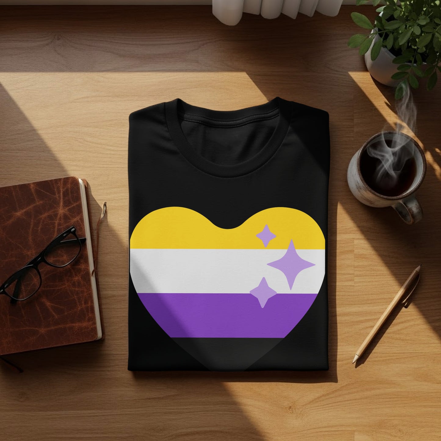 Black t-shirt with non-binary pride heart graphic and sparkling accents.