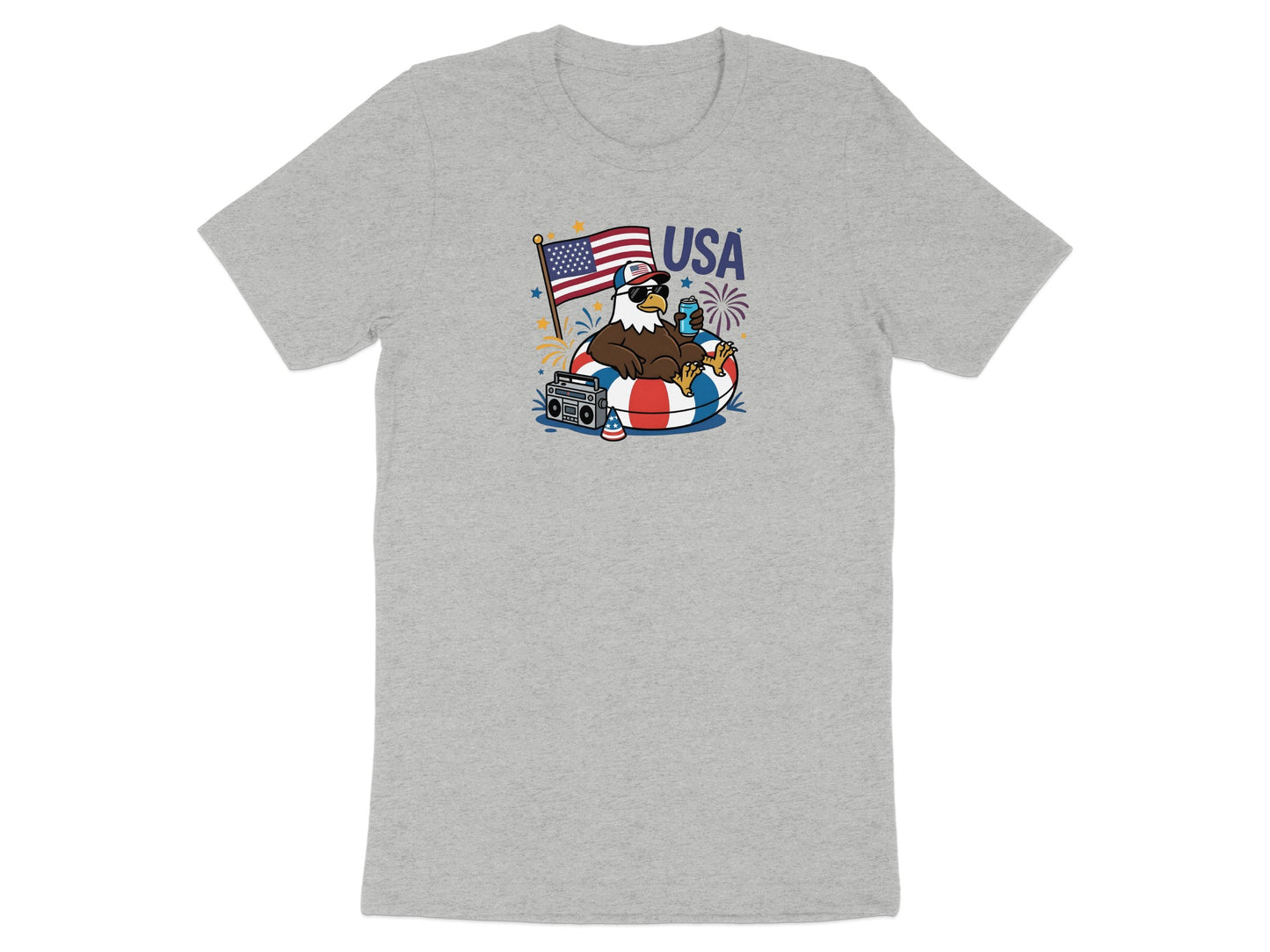 Eagle wearing sunglasses sits in a life preserver with a boombox and American flag.
