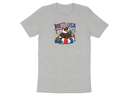 Eagle wearing sunglasses sits in a life preserver with a boombox and American flag.