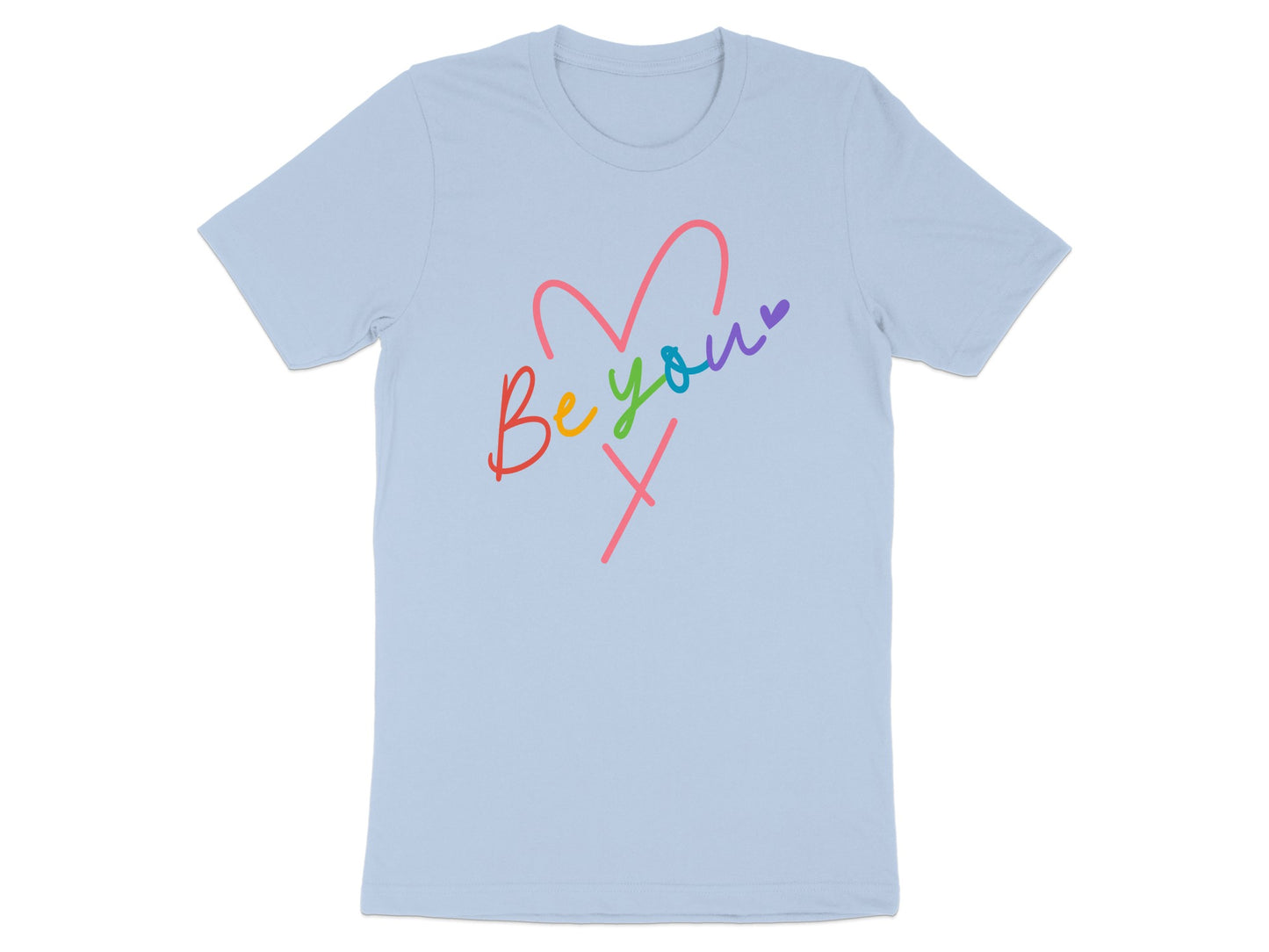 Light blue t-shirt with rainbow heart and "Be You" text.