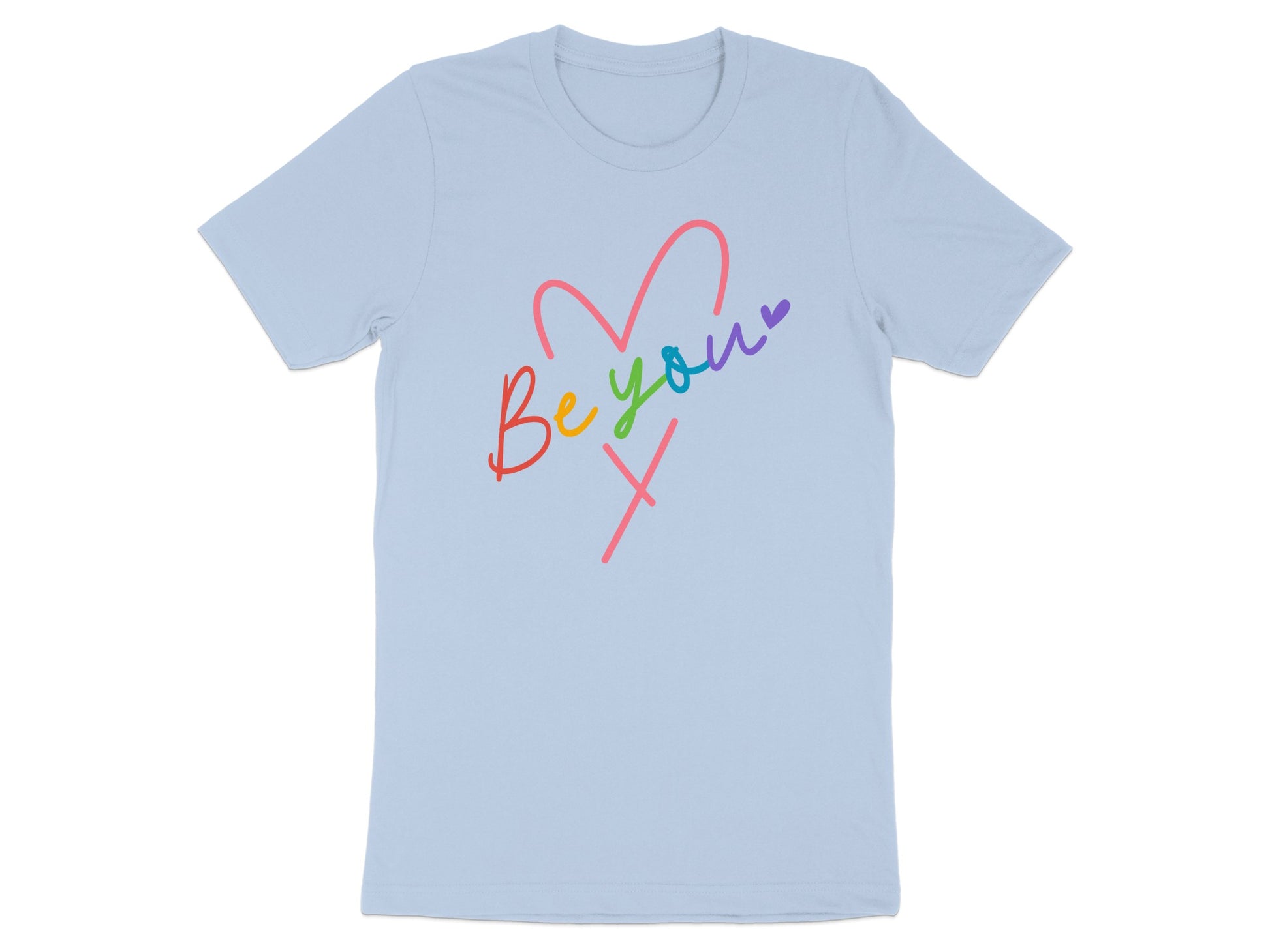 Light blue t-shirt with rainbow heart and "Be You" text.