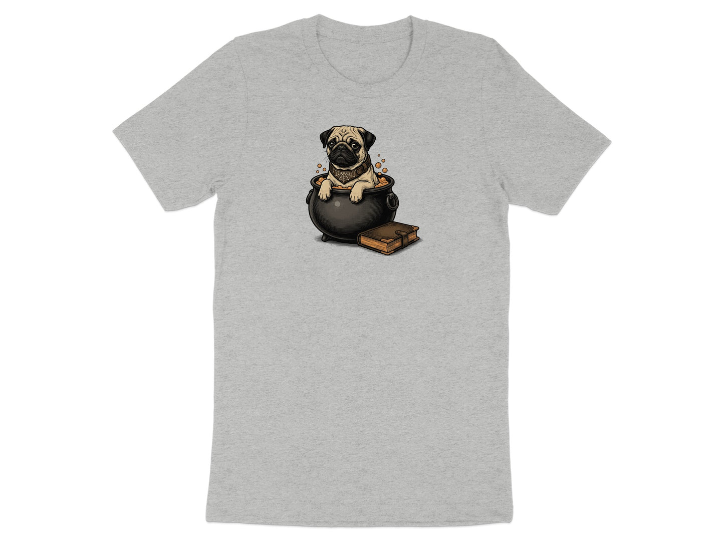 Pug in cauldron with bubbles and a book, cute wizard graphic for shirt.