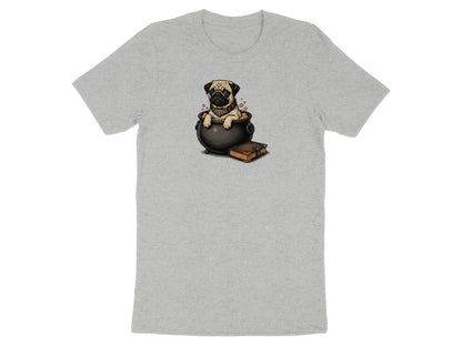 Pug in cauldron with bubbles and a book, cute wizard graphic for shirt.