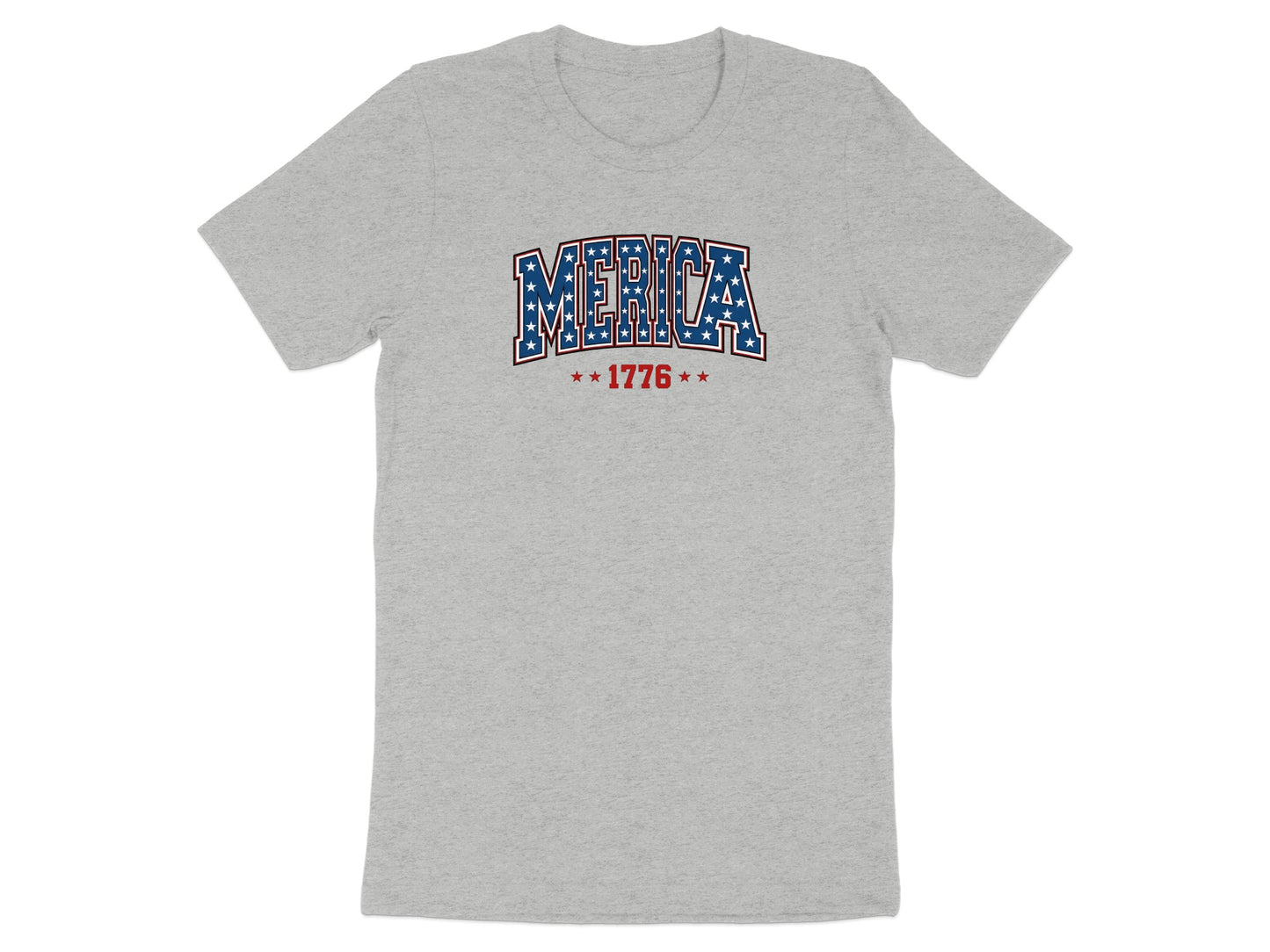 Grey t-shirt with "MERICA" in red, white, and blue stars and stripes, with "1776" below.