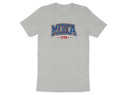 Grey t-shirt with "MERICA" in red, white, and blue stars and stripes, with "1776" below.