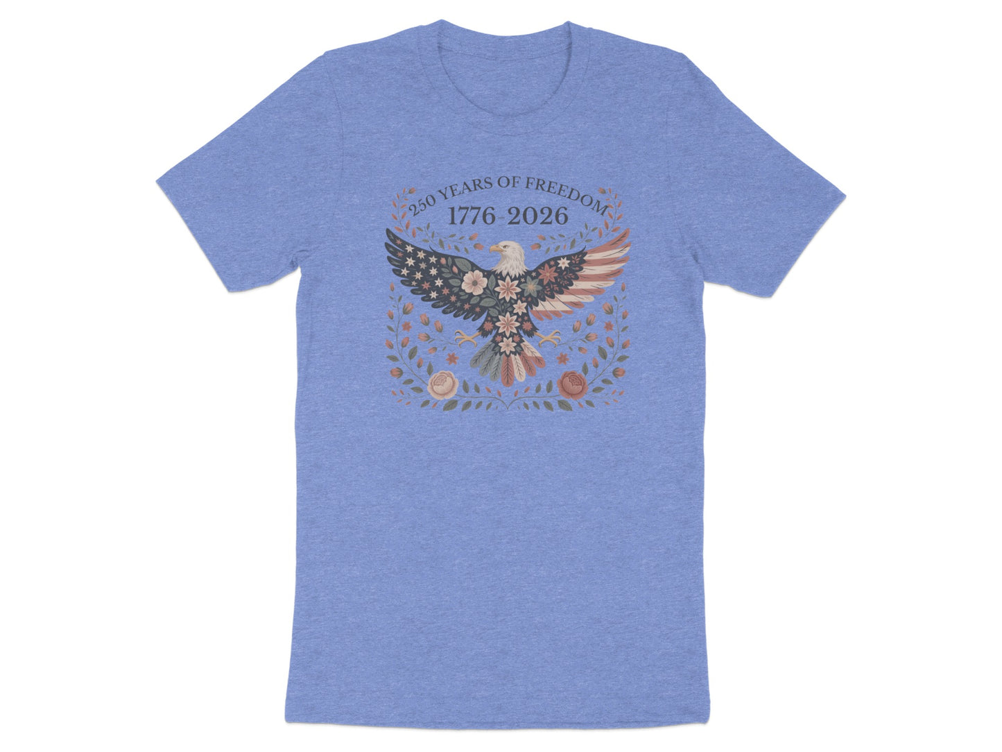 T-shirt featuring a patriotic eagle with floral accents and "250 Years of Freedom 1776-2026".