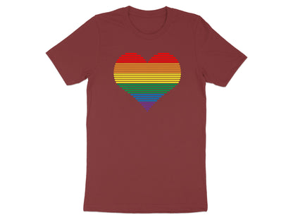 Maroon t-shirt with a horizontally striped rainbow heart design.