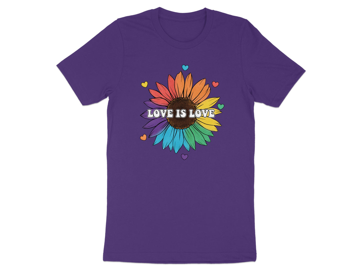 Purple t-shirt featuring a sunflower with rainbow petals and "LOVE IS LOVE" text.