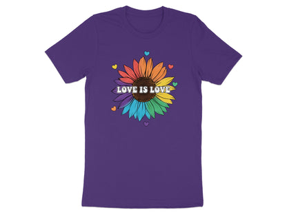 Purple t-shirt featuring a sunflower with rainbow petals and "LOVE IS LOVE" text.