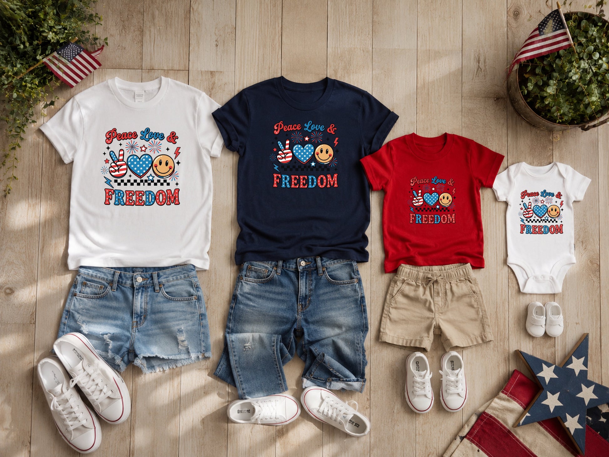 T-shirts and onesie with "Peace Love & FREEDOM" and patriotic graphics.