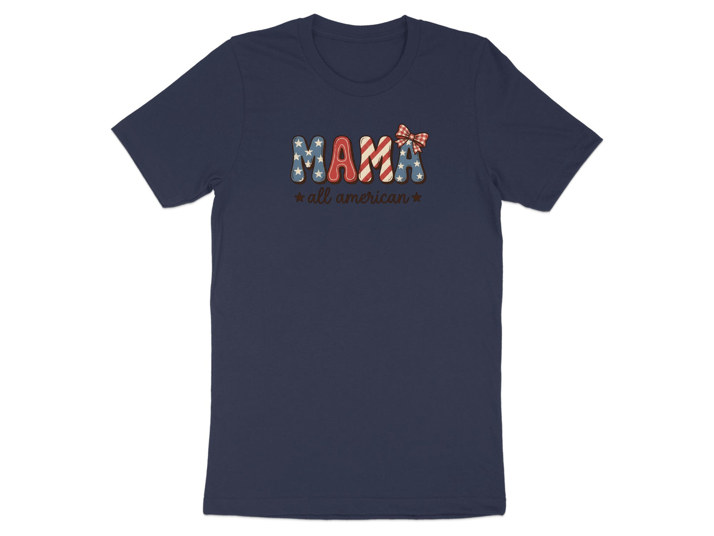 Navy t-shirt with "MAMA" in a star-spangled pattern and "all american" below.