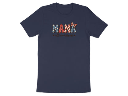 Navy t-shirt with "MAMA" in a star-spangled pattern and "all american" below.