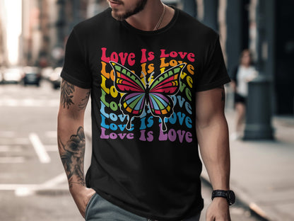 Black t-shirt with rainbow butterfly and "Love Is Love" text graphic.