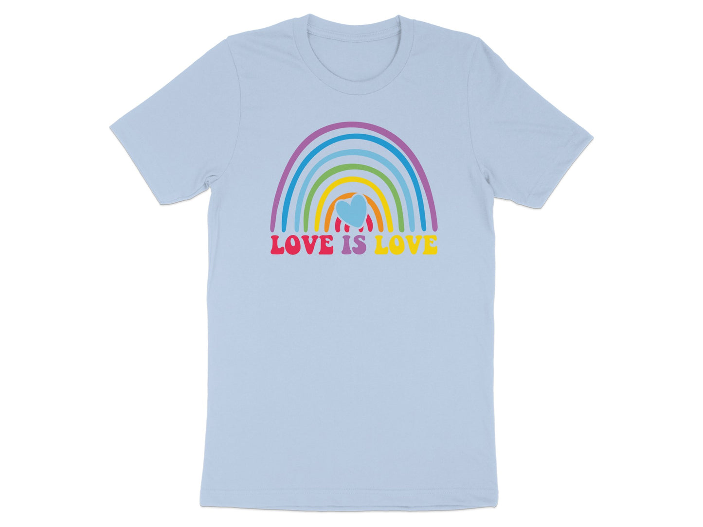 Light blue t-shirt with a rainbow and "LOVE IS LOVE" text.
