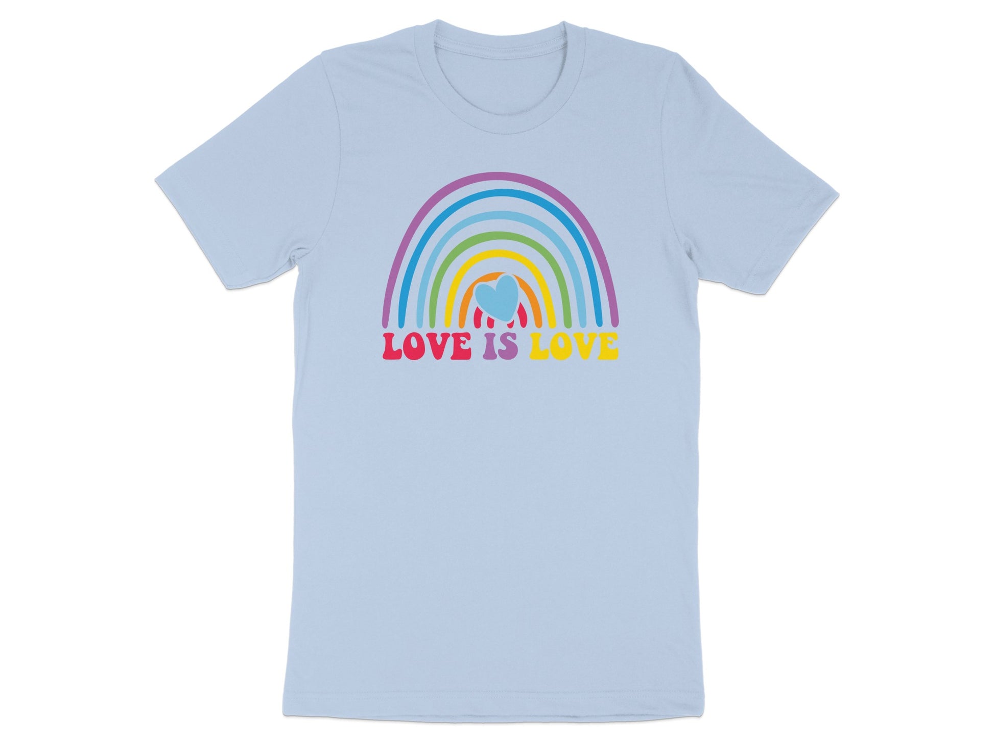 Light blue t-shirt with a rainbow and "LOVE IS LOVE" text.