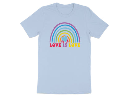Light blue t-shirt with a rainbow and "LOVE IS LOVE" text.