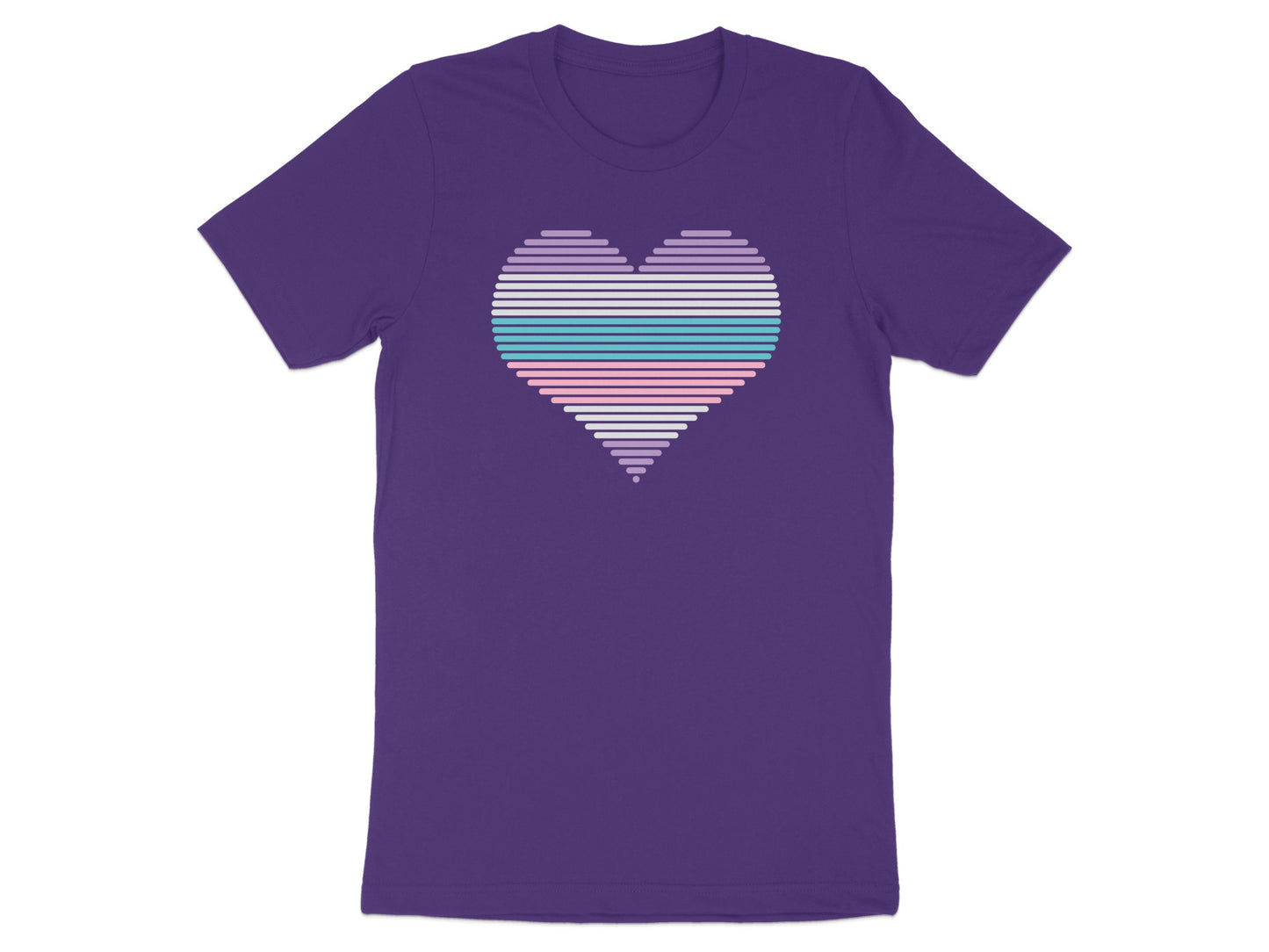 Purple t-shirt with horizontal pastel stripes forming a heart.