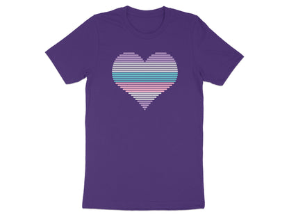 Purple t-shirt with horizontal pastel stripes forming a heart.