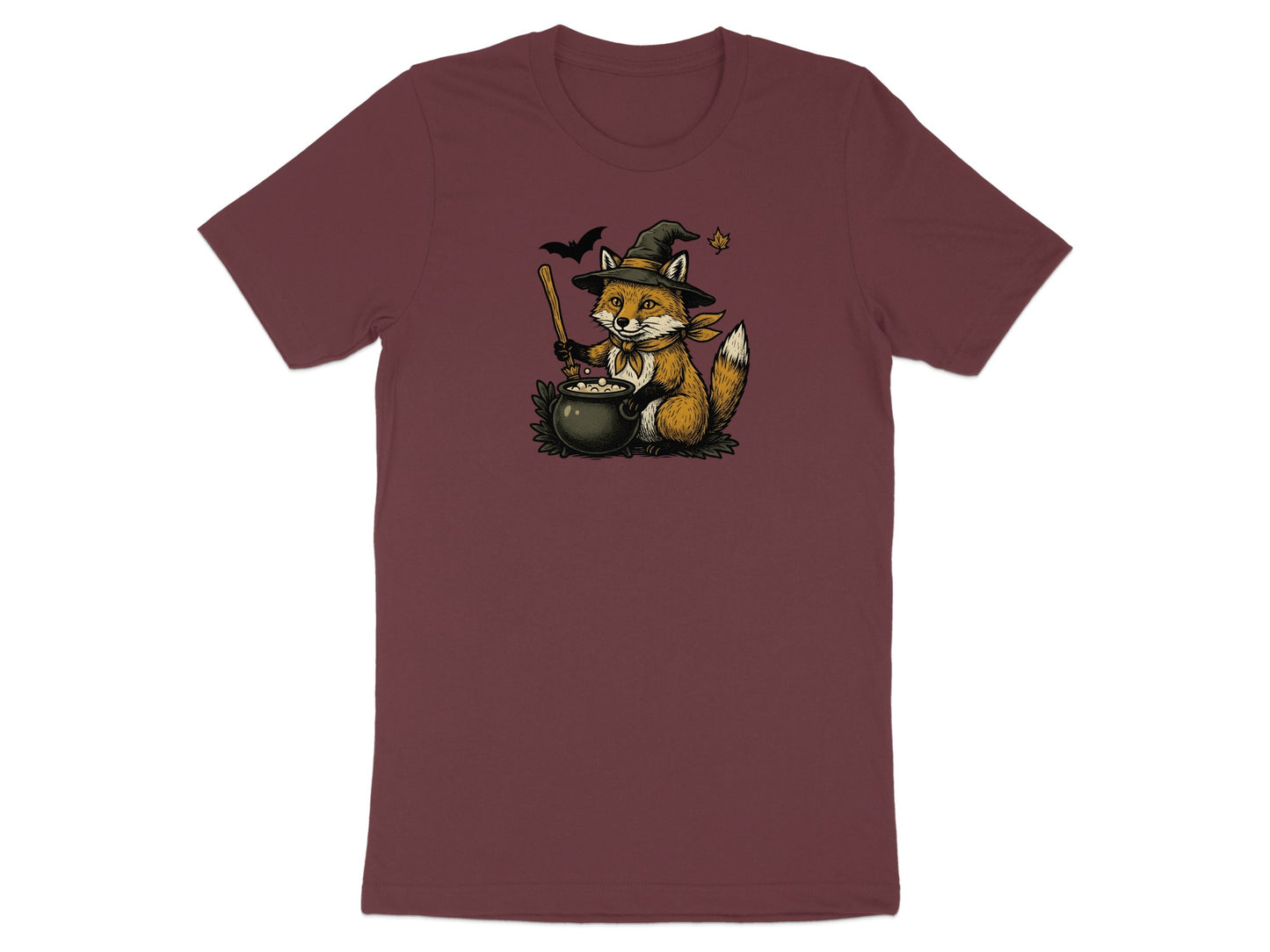 Fox wearing a witch hat stirs a cauldron with a bat flying nearby.